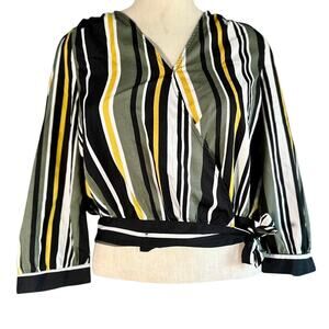Womens Top Size Small Black Green Stripes Crop Wrap Professional Work Attire